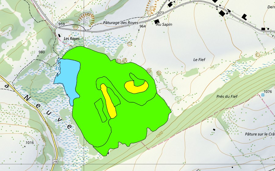 swisstopo national map showing the protected perimeter of Les Royes (Raised bog)