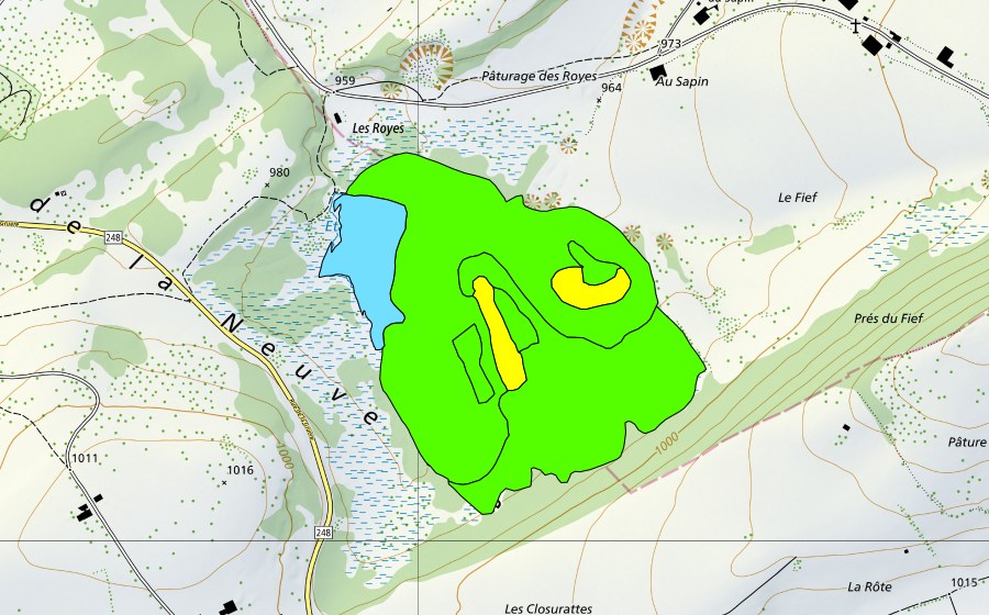 Landeskarte swisstopo mit dem Schutzperimeter von Les Royes (Hochmoor)