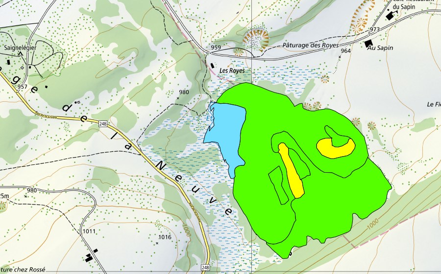 swisstopo national map showing the protected perimeter of Les Royes (Raised bog)