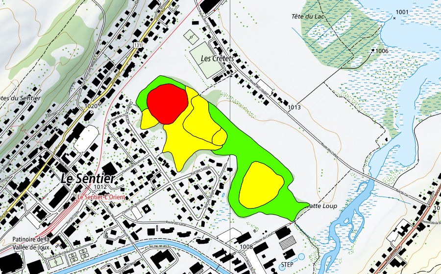 Landeskarte swisstopo mit dem Schutzperimeter von Les Sagnes du Sentier (Hochmoor)