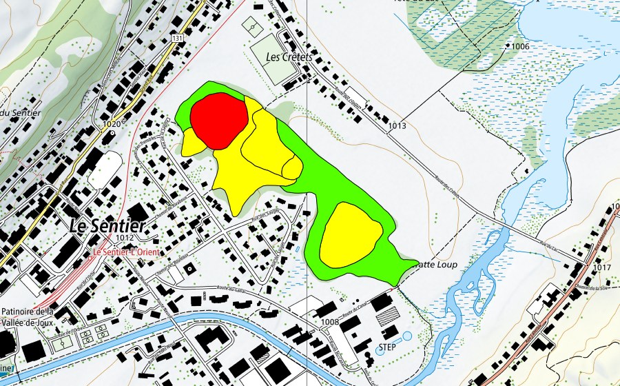swisstopo national map showing the protected perimeter of Les Sagnes du Sentier (Raised bog)