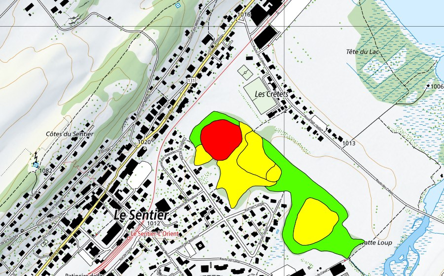 swisstopo national map showing the protected perimeter of Les Sagnes du Sentier (Raised bog)