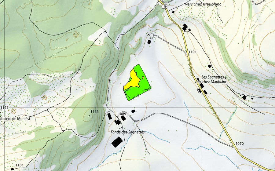 Carte nationale swisstopo avec le périmètre protégé de Les Sagnettes sur Boveresse (Haut-marais)
