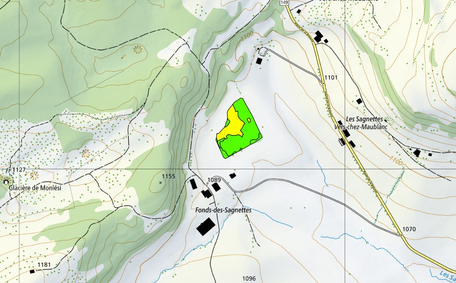 swisstopo national map showing the protected perimeter of Les Sagnettes sur Boveresse (Raised bog)