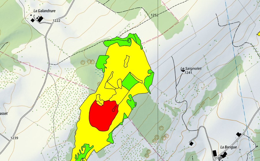 swisstopo national map showing the protected perimeter of Les Saignolis (Raised bog)