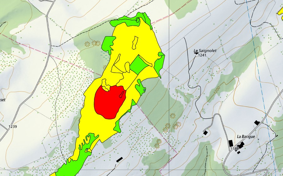 Carte nationale swisstopo avec le périmètre protégé de Les Saignolis (Haut-marais)
