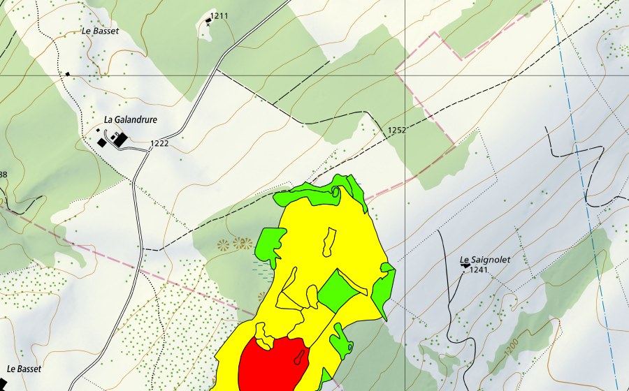 Carte nationale swisstopo avec le périmètre protégé de Les Saignolis (Haut-marais)