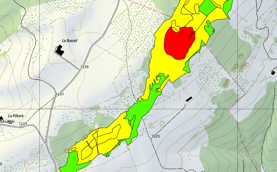 Carte nationale swisstopo avec le périmètre protégé de Les Saignolis (Haut-marais)