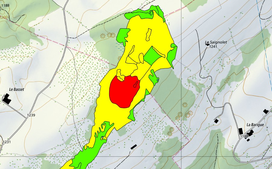 Carte nationale swisstopo avec le périmètre protégé de Les Saignolis (Haut-marais)