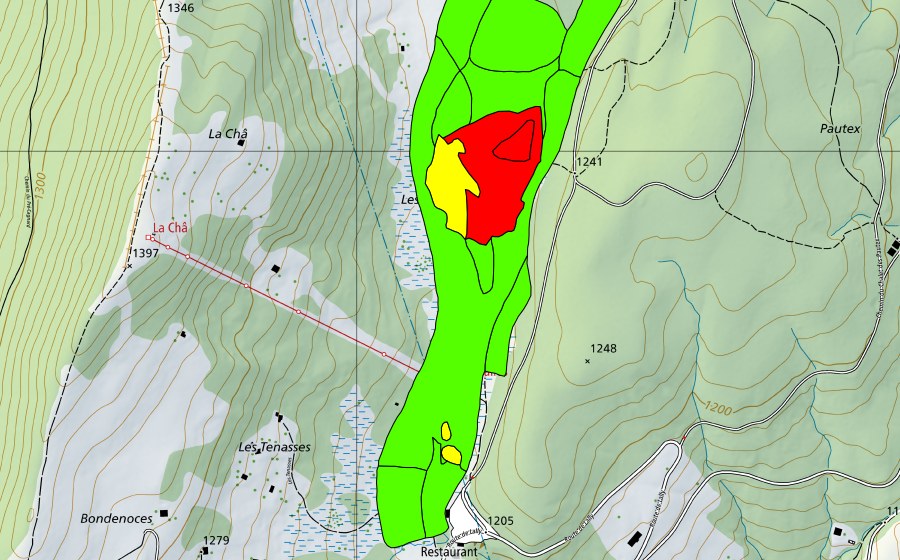 swisstopo national map showing the protected perimeter of Les Tenasses (Raised bog)