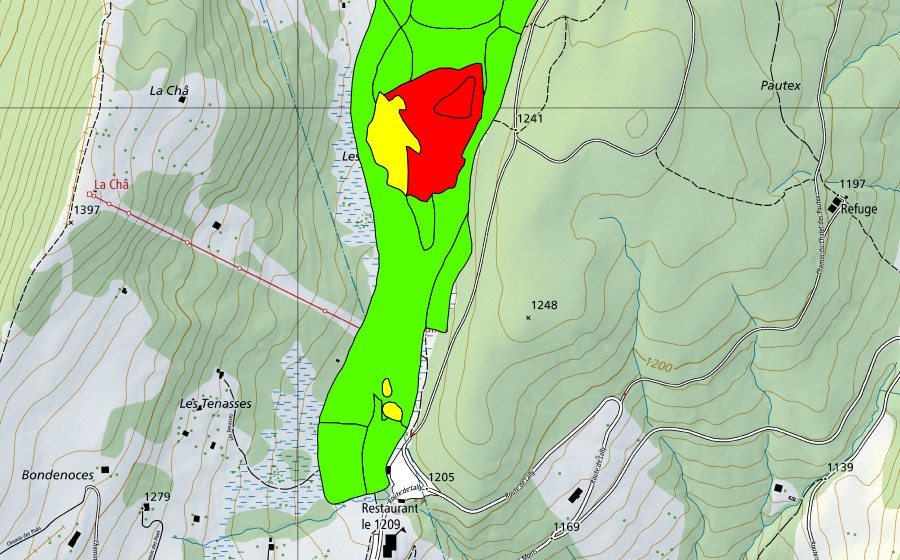 Landeskarte swisstopo mit dem Schutzperimeter von Les Tenasses (Hochmoor)