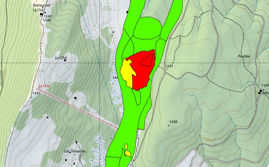 swisstopo national map showing the protected perimeter of Les Tenasses (Raised bog)