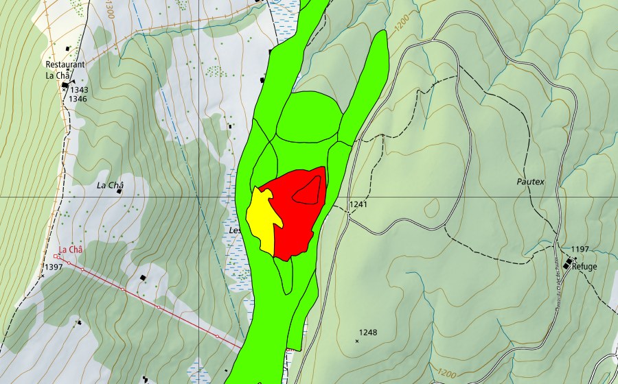 Landeskarte swisstopo mit dem Schutzperimeter von Les Tenasses (Hochmoor)