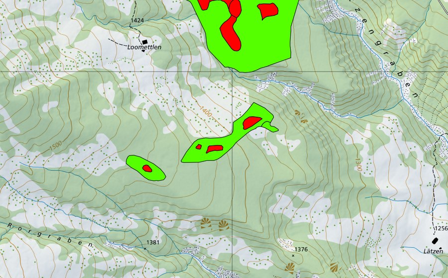 Carte nationale swisstopo avec le périmètre protégé de Loomettlen (Haut-marais)