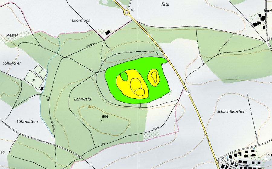 Carte nationale swisstopo avec le périmètre protégé de Lörmoos (Haut-marais)