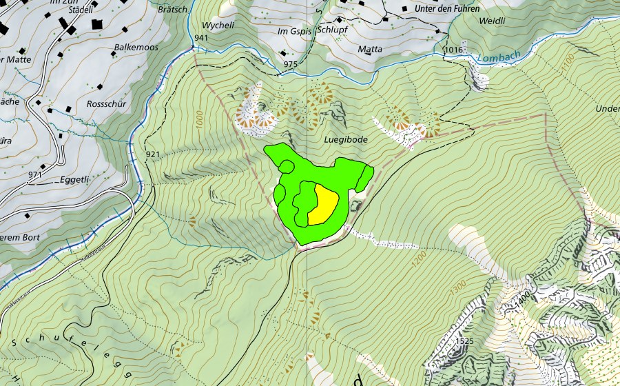 swisstopo national map showing the protected perimeter of Luegiboden (Raised bog)