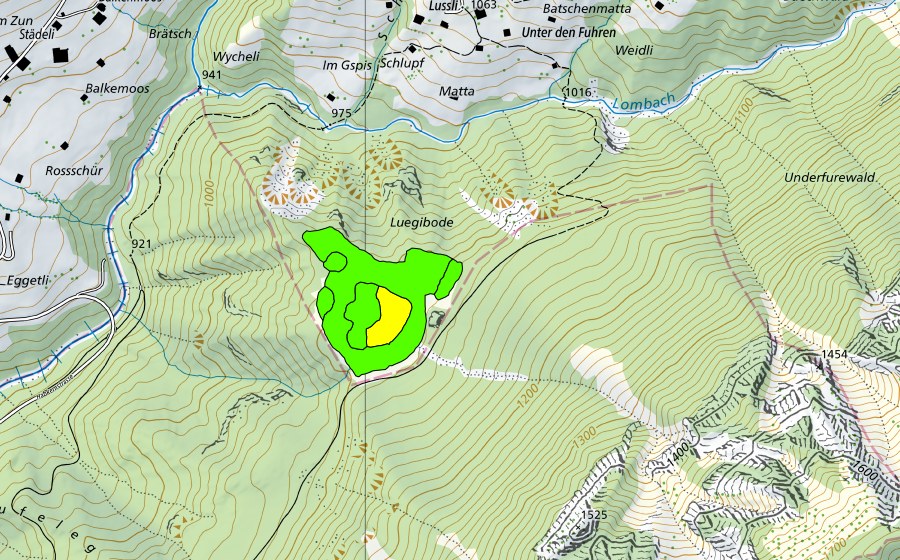 swisstopo national map showing the protected perimeter of Luegiboden (Raised bog)