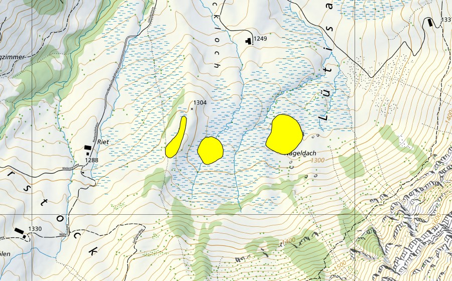swisstopo national map showing the protected perimeter of Lütisalp (Raised bog)