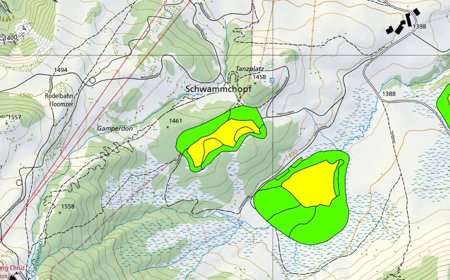 Landeskarte swisstopo mit dem Schutzperimeter von Madils (Hochmoor)
