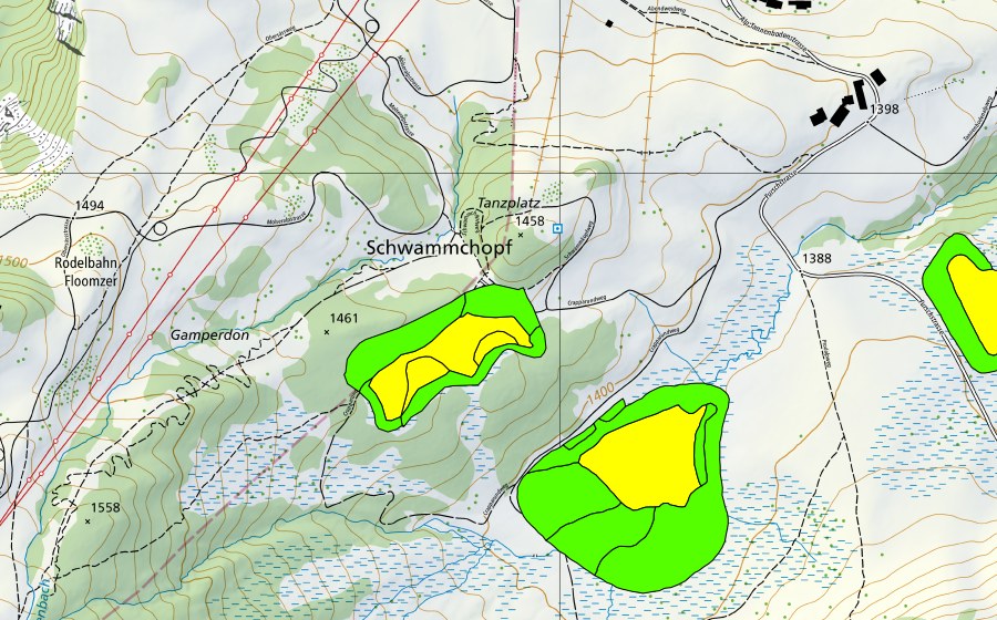 swisstopo national map showing the protected perimeter of Madils (Raised bog)