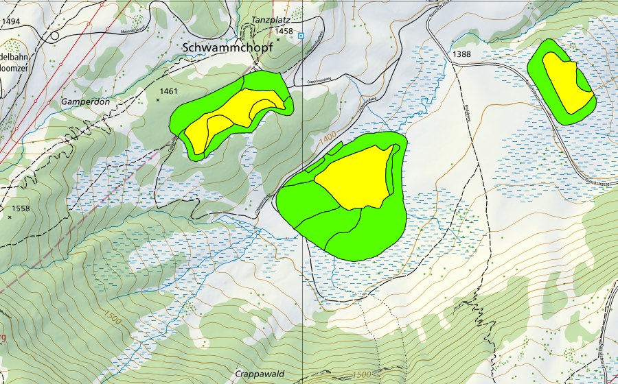 Carte nationale swisstopo avec le périmètre protégé de Madils (Haut-marais)