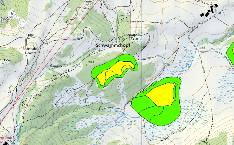 Carte nationale swisstopo avec le périmètre protégé de Madils (Haut-marais)