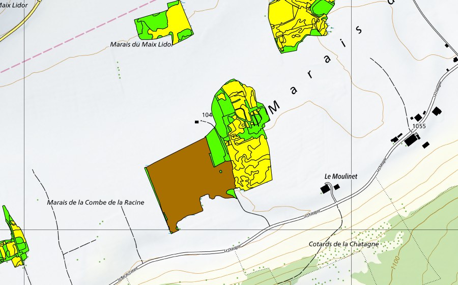swisstopo national map showing the protected perimeter of Marais de la Châtagne (Raised bog)
