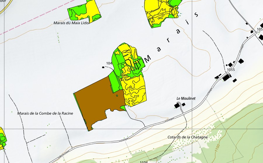 Landeskarte swisstopo mit dem Schutzperimeter von Marais de la Châtagne (Hochmoor)