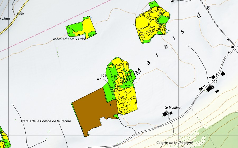 swisstopo national map showing the protected perimeter of Marais de la Châtagne (Raised bog)