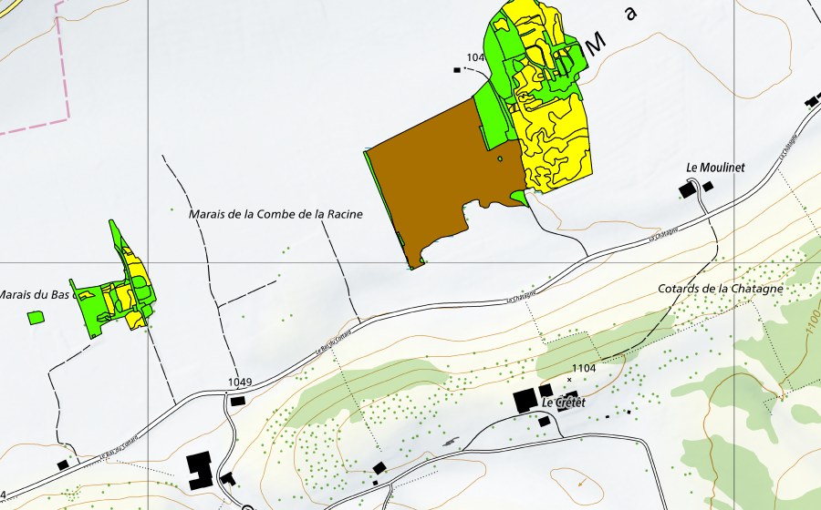 Carte nationale swisstopo avec le périmètre protégé de Marais de la Châtagne (Haut-marais)