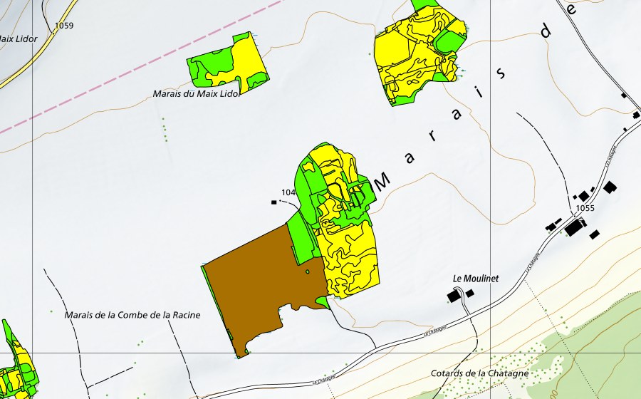 Carte nationale swisstopo avec le périmètre protégé de Marais de la Châtagne (Haut-marais)