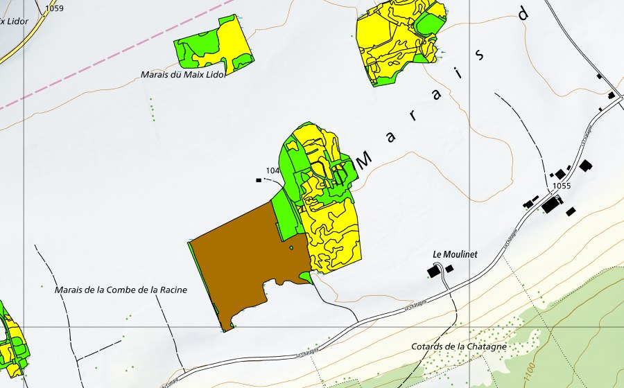 Carte nationale swisstopo avec le périmètre protégé de Marais de la Châtagne (Haut-marais)