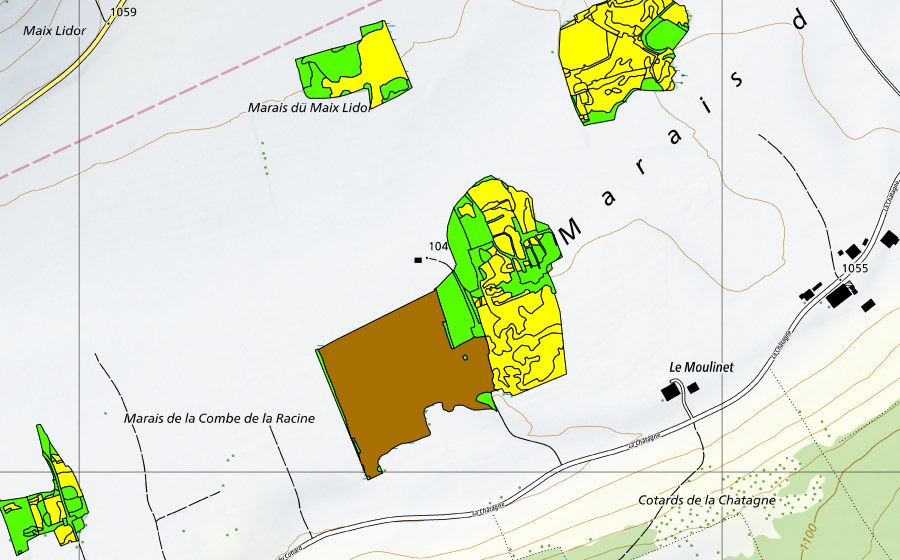 Landeskarte swisstopo mit dem Schutzperimeter von Marais de la Châtagne (Hochmoor)