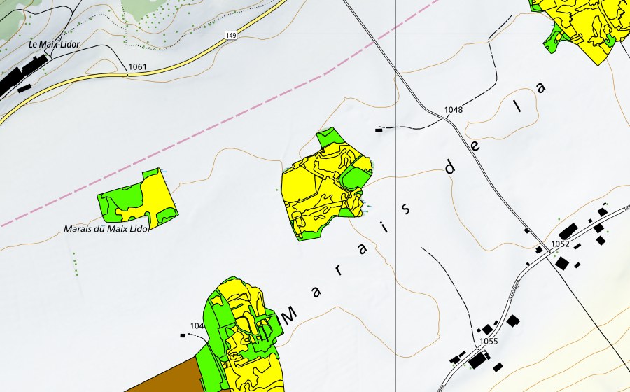 Carte nationale swisstopo avec le périmètre protégé de Marais de la Châtagne (Haut-marais)