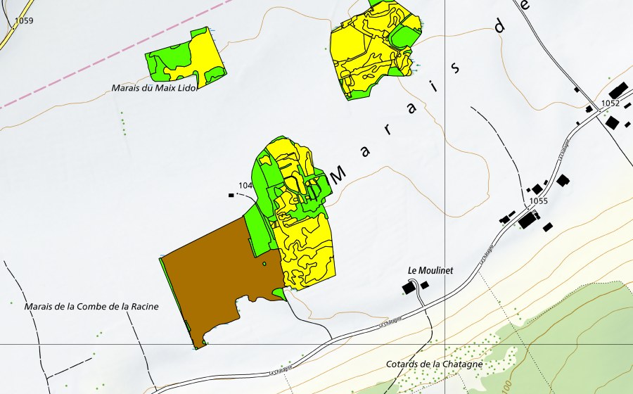 Carte nationale swisstopo avec le périmètre protégé de Marais de la Châtagne (Haut-marais)