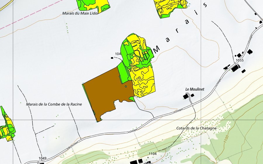 Carta nazionale swisstopo con il perimetro protetto di Marais de la Châtagne (Torbiera alta)
