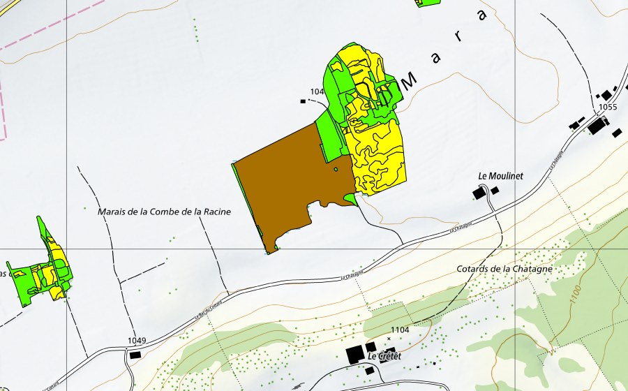 Landeskarte swisstopo mit dem Schutzperimeter von Marais de la Châtagne (Hochmoor)