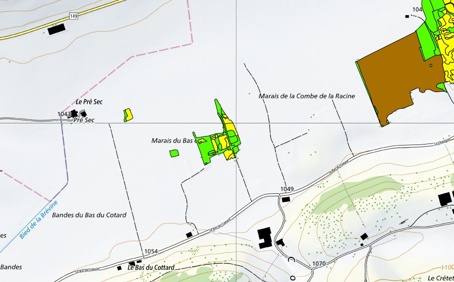 swisstopo national map showing the protected perimeter of Marais de la Châtagne (Raised bog)
