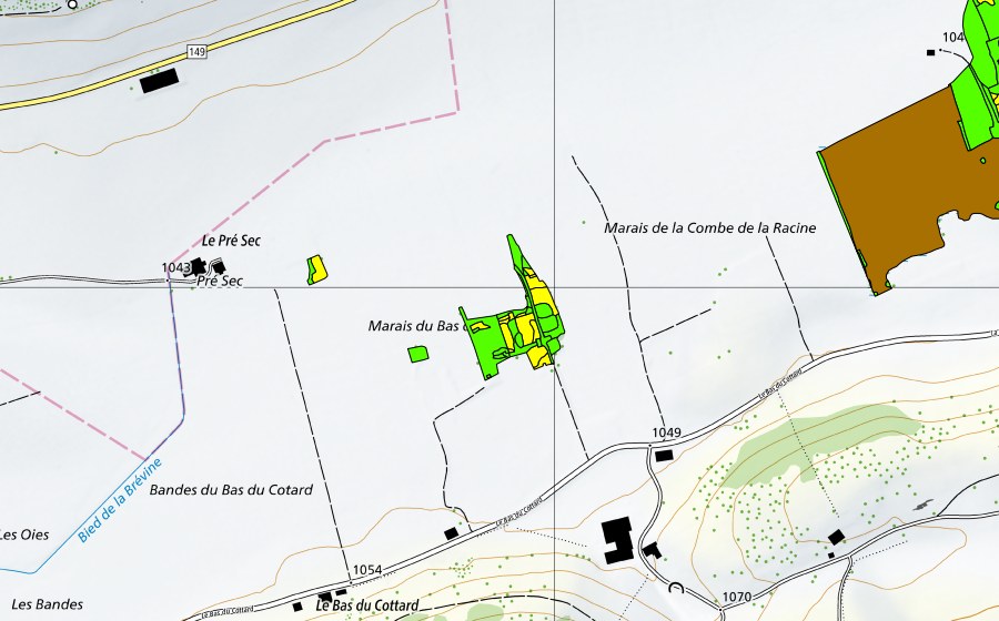 Carte nationale swisstopo avec le périmètre protégé de Marais de la Châtagne (Haut-marais)
