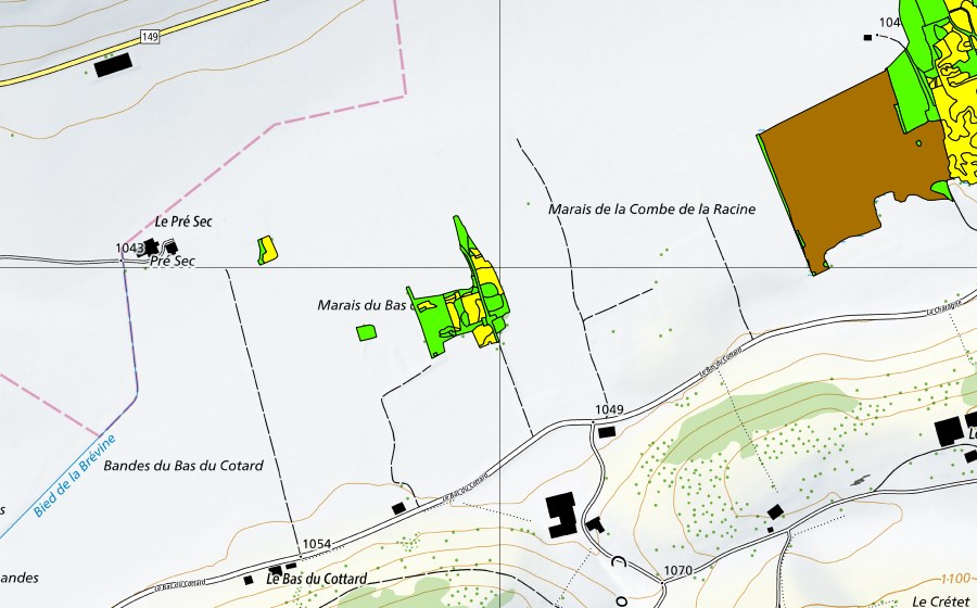 Carte nationale swisstopo avec le périmètre protégé de Marais de la Châtagne (Haut-marais)