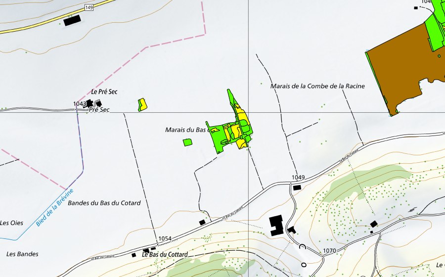 swisstopo national map showing the protected perimeter of Marais de la Châtagne (Raised bog)