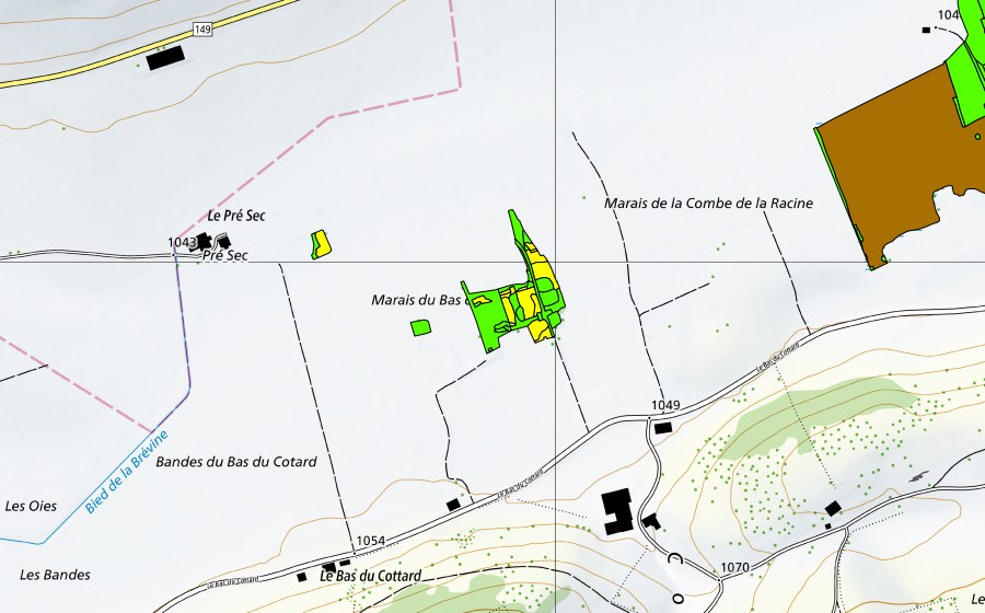 swisstopo national map showing the protected perimeter of Marais de la Châtagne (Raised bog)