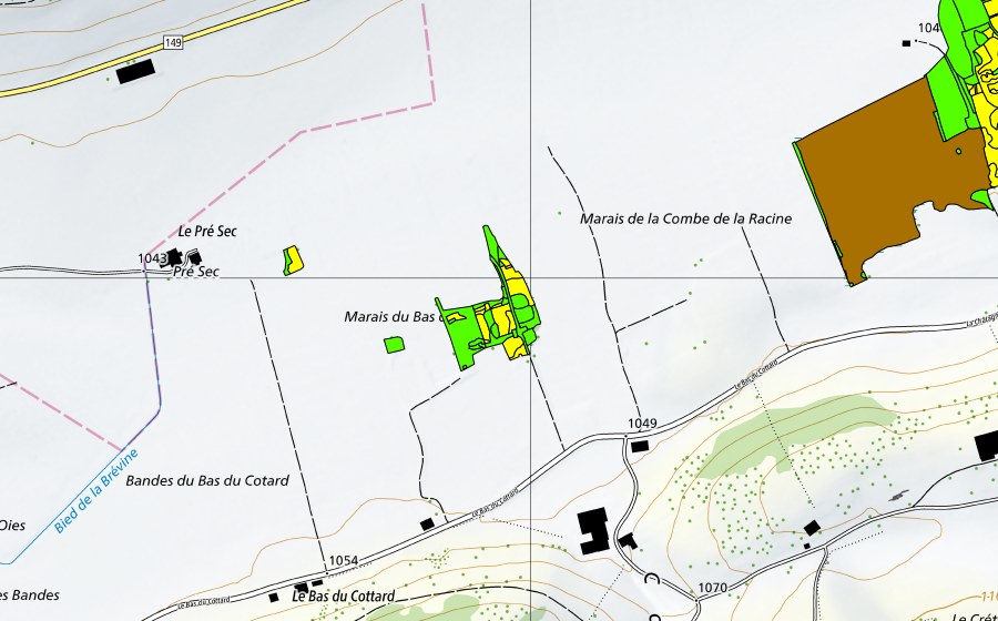 swisstopo national map showing the protected perimeter of Marais de la Châtagne (Raised bog)