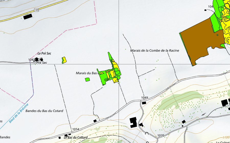 swisstopo national map showing the protected perimeter of Marais de la Châtagne (Raised bog)