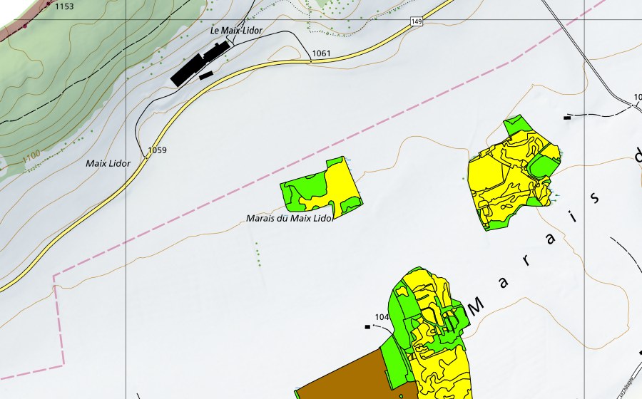 Carte nationale swisstopo avec le périmètre protégé de Marais de la Châtagne (Haut-marais)