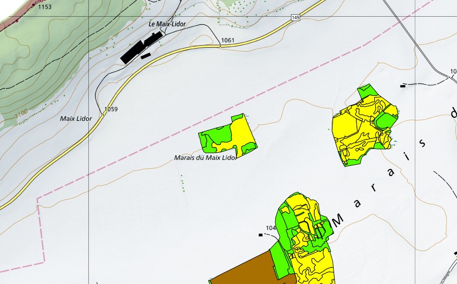 Carta nazionale swisstopo con il perimetro protetto di Marais de la Châtagne (Torbiera alta)