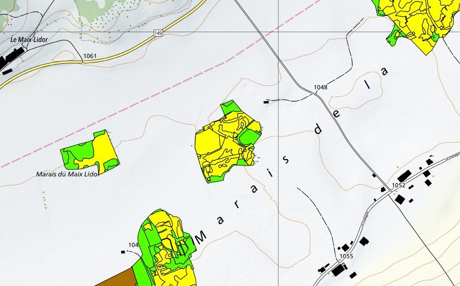 Landeskarte swisstopo mit dem Schutzperimeter von Marais de la Châtagne (Hochmoor)