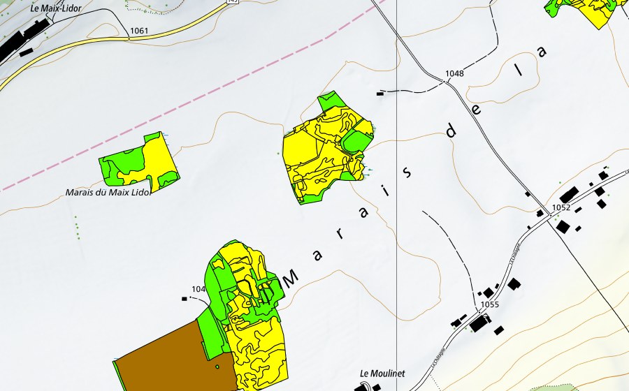 Carte nationale swisstopo avec le périmètre protégé de Marais de la Châtagne (Haut-marais)