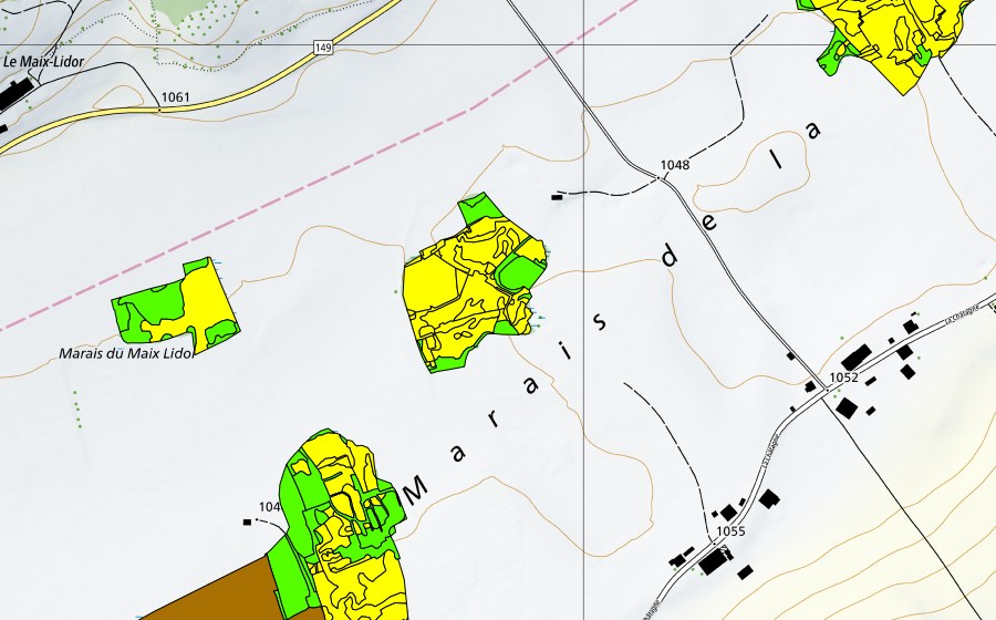 Carte nationale swisstopo avec le périmètre protégé de Marais de la Châtagne (Haut-marais)