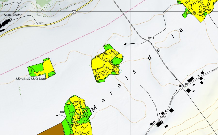Landeskarte swisstopo mit dem Schutzperimeter von Marais de la Châtagne (Hochmoor)